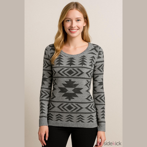 Charlotte Russe Neutral Gray Southwest Sweater Pullover Shirt Long Sleeve Top